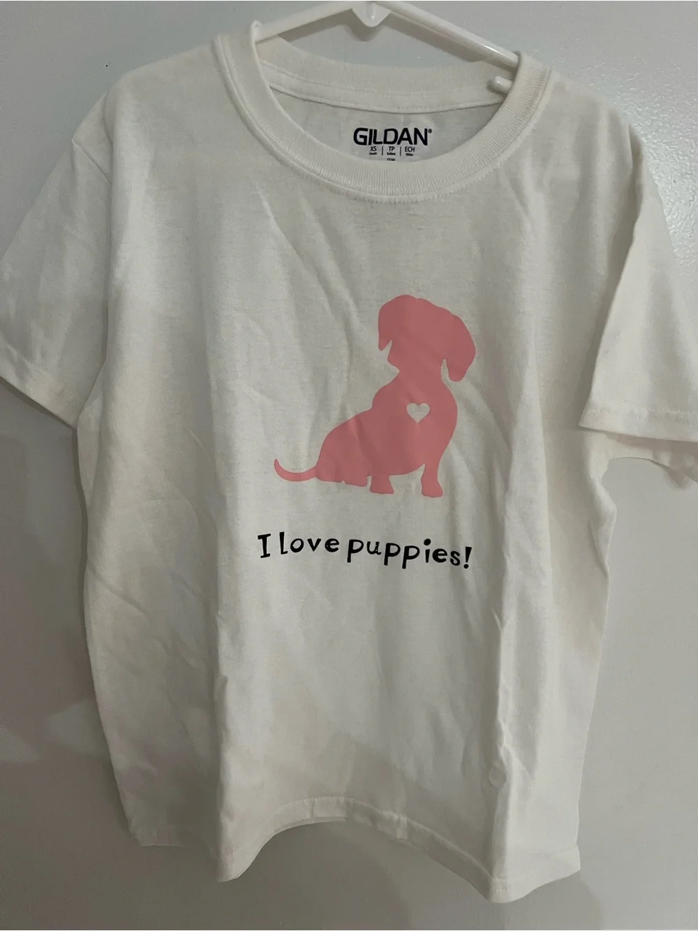 Gildan White Tee with Pink Puppy Silhouette and Heart